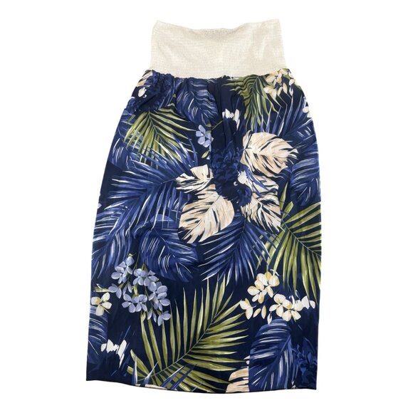 Tropical Floral Maxi Skirt With Ruched Waistband & Drawstring 2XL  Blue & White - Picture 2 of 6